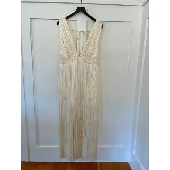 NEW NWT Michael Costello X Revolve Skylar Fringe Maxi Dress Ivory Size XXS - Picture 2 of 5